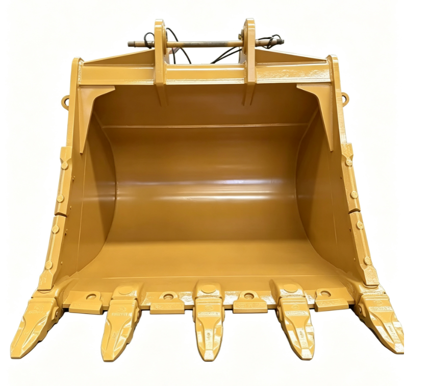Front view of a standard excavator bucket
