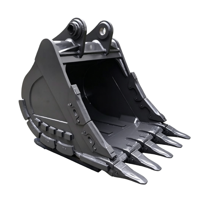 Side view of a heavy-duty rock bucket